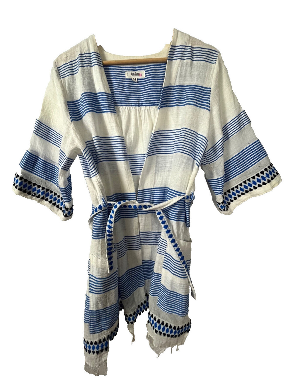 Lemlem XS Blue White Striped Cotton Blend Short Wrap Robe Kimono Fringe Belted